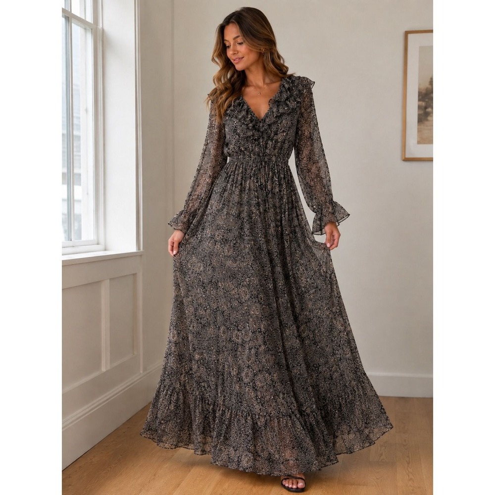 NWT MISA Los Angeles Paisley Ruffle Maxi Dress Long Black Small